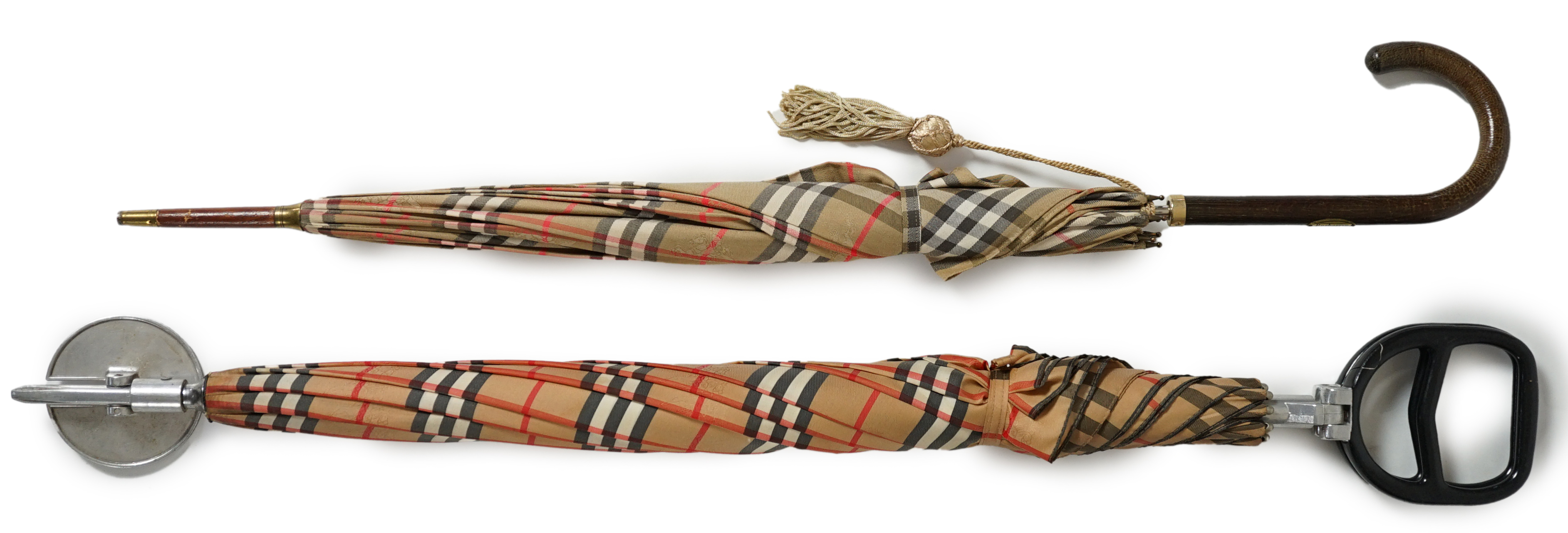 A vintage Burberry shooting stick umbrella and a lady's vintage cotton umbrella, shooting stick height 91cm, umbrella 83cm
